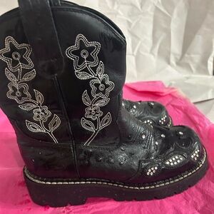 Roper Short Western Boot Black Leather Floral Stitch Rhinestone Round Womens 5